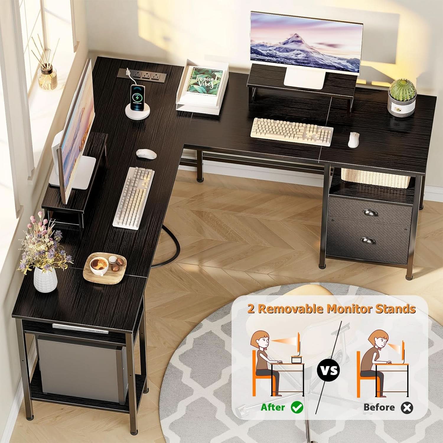 Fifty Nine Inch L Shaped Desk With Black Storage Drawers Unit